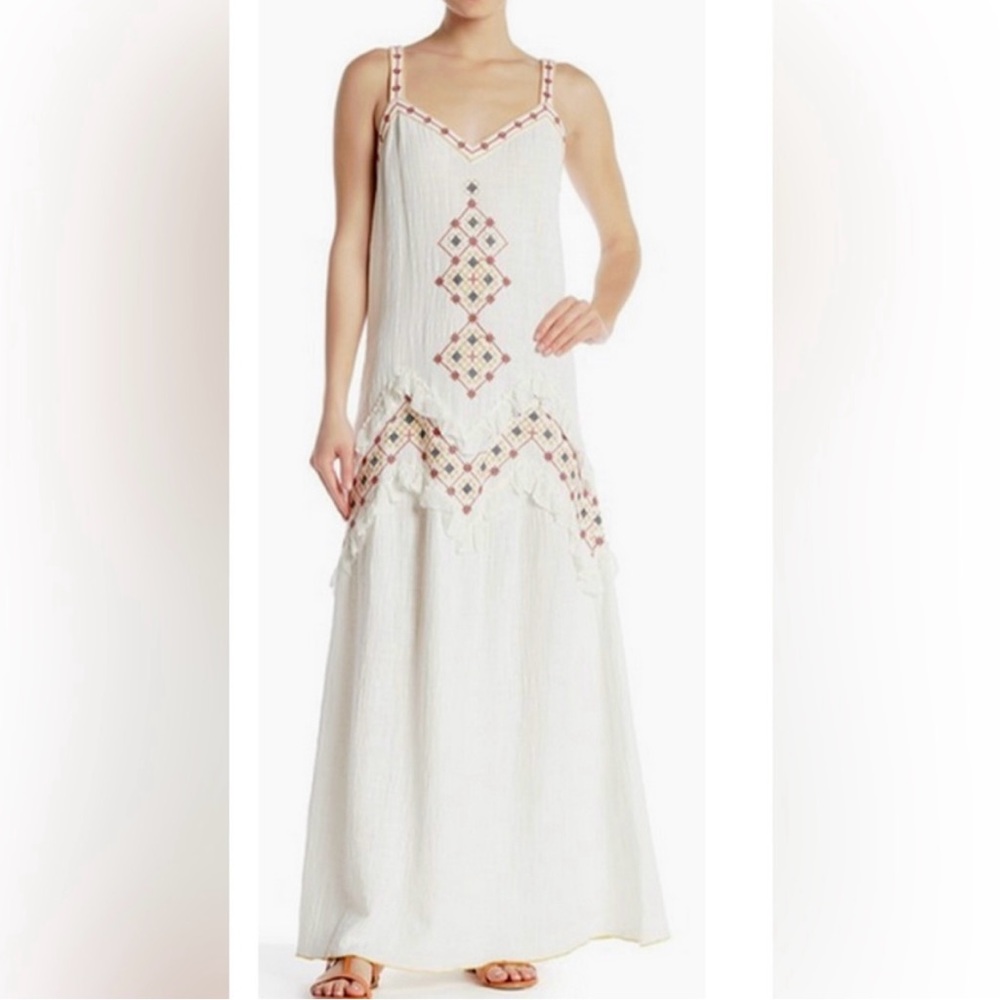 Max Studio White Maxi Dress with Colorful Embroidery